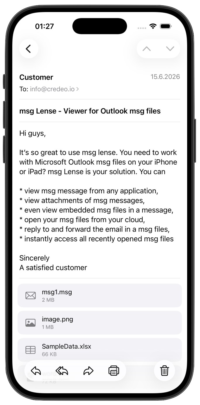 msg Lense displaying an Outlook .msg email with its attachments, reply, and forward actions
